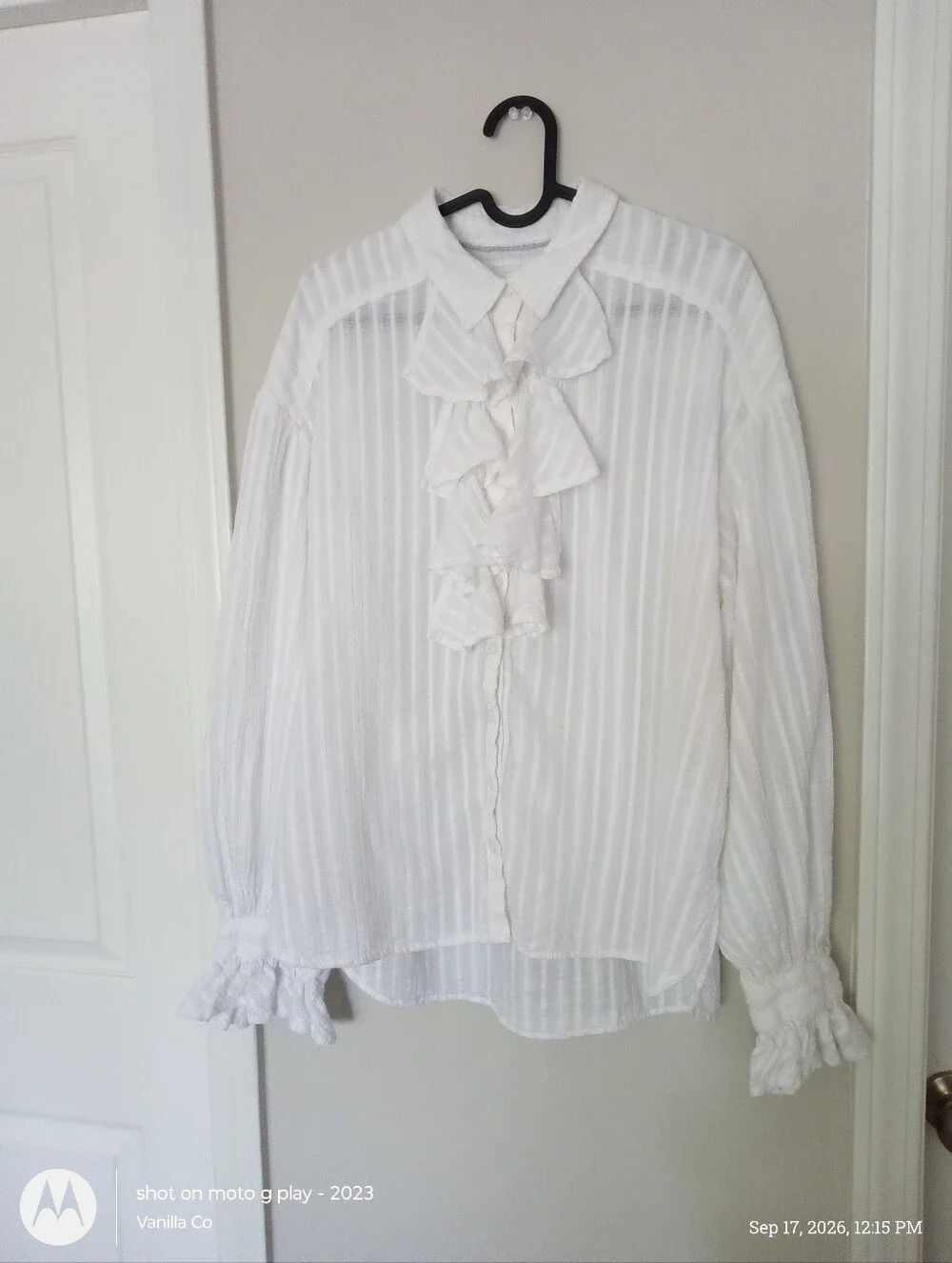 Anthropologie Ruffled Blouse Puff Sleeve Sheer White Medium